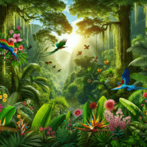 Зеленые джунгли с яркими тропическими цветами и незнакомыми птицами, парящими над пышными кронами деревьев.