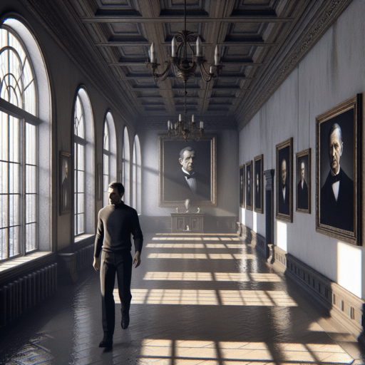 Иван идёт вдоль длинного коридора с портретами предков.
