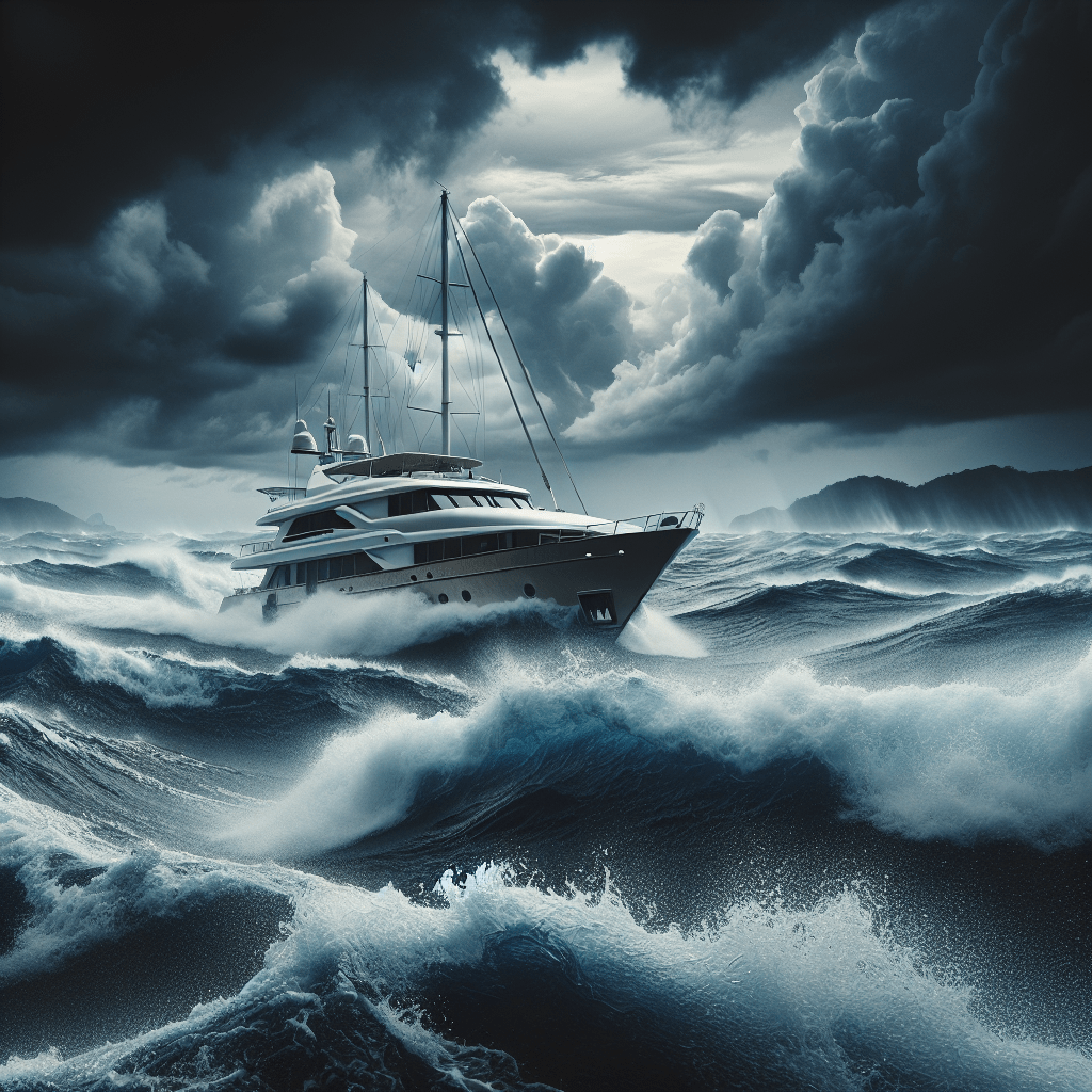 Яхта, качающаяся среди ревущих волн океана, под темным и мрачным небом.